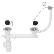 Siphon réglable et bondes à bouchon Ø60 pour évier 2 bacs Wirquin Pro