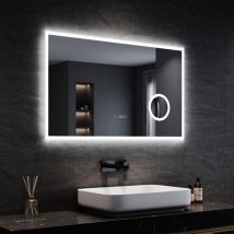 Sirhona - Specchio da Bagno 100x60cm led con Ingrandimento 3x e Illuminazione Specchio con Orologio Digitale Specchio da Bagno Antiappannamento