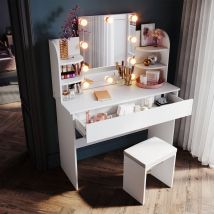 Sirhona - Ensemble coiffeuse barre lumineuse lde Coiffeuse avec tabouret 1 tiroir, 4 compartiments de rangement blanc 108x40x140 cm Coiffeuse chambre