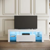 Sirhona - Mueble tv Salón Blanco con Luces led 12 Colores Mesa tv Madera 55 Pulgadas 130cm Luz y Mando a Distancia Estante Crsital Puerta Abatible