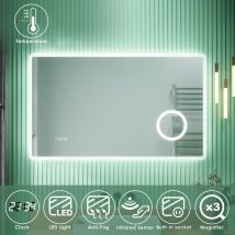 SIRHONA Specchio da Bagno Antiappannamento 100 x 60 cm con LED,Visualizzazione dell'orologio, Specchio Parete con Interruttore Touch Moderno