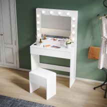 Tavolo da Trucco con Sgabello Imbottito Toeletta con 12 Luci Dimmerabili 3 modalità di illuminazione Con 1 cassetto e sgabello Tavolo da Trucco Stile