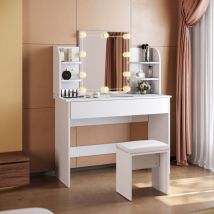 SIRHONA Tavolo per Cosmetici 108x40x140cm, Vanity Toeletta con Morbido Sgaballo, con Mensola e Organizer, Moderno Mobile da Trucco - Bianca