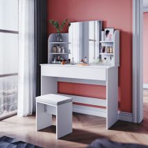 Sirhona - Tocador de Maquillaje con Espejo y Taburete,Tocador Blanco Moderno Mesa Tocadores Maquillaje Dormitorio 100 cm 4 Estantes y 1 Cajón