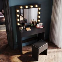 Toeletta con Specchio e Lampadine 3 modalità di illuminazione Con 1 cassetto e sgabello Tavolo da Trucco Stile Moderno Nero 80 x 40 x 140cm - Sirhona