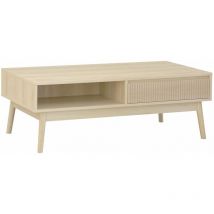 Skandinavischer Couchtisch mit geriffeltem Holzdekor, 2 Nischen, 1 Schublade - Sweeek