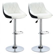 2 x Tabouret de bar en similicuir, Siège bien rembourré, Hauteur réglable, 32x46x105 cm, Blanc + Noir