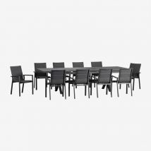 Ensemble table extensible rectangulaire Karena 240-300x100 cm et 10 chaises de jardin empilables avec accoudoirs en aluminium Sklum Gris Graphite