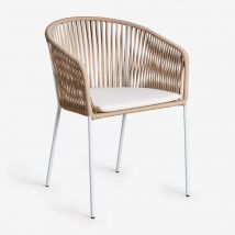 Sklum - Stapelbarer Gartenstuhl Jocelyn mit Armlehnen aus Eisen und geflochtenem Seil Natürlich - Weiss