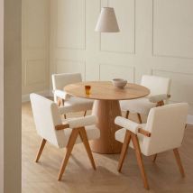Set de mesa redonda Ø120 cm en chapa de fresno Aura y 4 sillas de comedor en madera y tela bouclé Lucca SKLUM