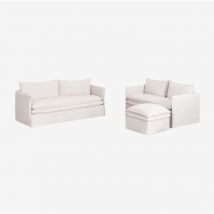 Set soggiorno con divano 2 posti, divano 3 posti e pouf in lino e cotone Grace - Sklum