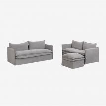 Set soggiorno con divano 2 posti, divano 3 posti e pouf in lino e cotone Grace - Sklum