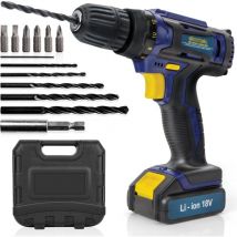 Cordless Drill Driver 18V Li Ion Electric Screwdriver Case and 13pc Drill Bit Set Battery and Charger - Skotek