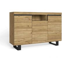 Anrichte für Wohnzimmer, Esszimmer, Büro, Farbe: Eiche/Schwarz, 3 Türen, 1 Fach, 140x40x92cm, Nordic - Skraut Home