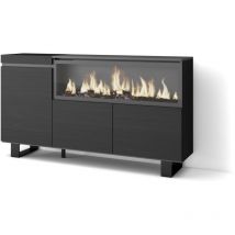 Skraut Home - Buffet salon et cuisine, Meuble de Rangement, Commode, 160, 3 Portes, Cheminée électrique XXL, Design industriel, Style moderne, Noir
