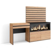 Skraut Home - Coiffeuse, Table maquillage, rangement, 177x145x35 cm, Avec tiroir, Cheminée électrique XXL, Panneaux Muraux en Bois, Style moderne,