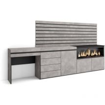 Skraut Home - Coiffeuse, Table maquillage, rangement, 284x145x35 cm, Avec tiroir, Cheminée électrique XXL, Commode, Buffet, Panneaux Muraux en Bois,