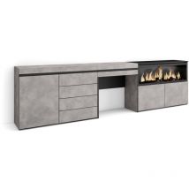 Skraut Home - Coiffeuse, Table maquillage, rangement, 284x75x35 cm, Avec tiroir, Cheminée électrique XXL, Commode, Buffet, Style moderne, Gris Ciment