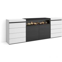 Skraut Home - Cómoda, Cajonera, Mueble Auxiliar, 214x75x35 cm, Dormitorio, habitación, Chimenea eléctrica, Estilo Moderno, Blanco y negro