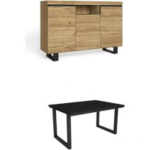 Conjunto muebles salón, Mesa 140 Negro patas u 6 comensales, Aparador / Buffet 140 Tall, Roble y Negro, Estilo Industrial - Skraut Home