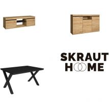 Skraut Home - Conjunto muebles salon, Mesa 140 Negro patas x 6 comensales, Mueble tv 140, Aparador / Buffet 140, Roble y Negro, Estilo Industrial