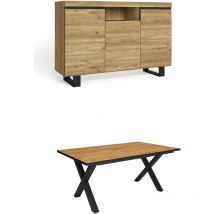 Skraut Home - Conjunto muebles salon, Mesa 170 Canto negro patas x 8 comensales, Aparador / Buffet 140 Tall, Roble y Negro, Estilo Industrial
