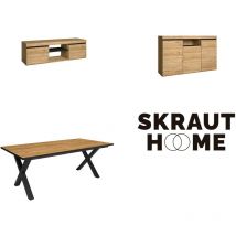 Skraut Home - Conjunto muebles salón, Mesa 200 Canto negro patas x 10 comensales, Mueble tv 140, Aparador / Buffet 140, Roble y Negro, Estilo