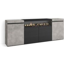 Skraut Home - Credenza, Mobile, Cucina, Madia, mobile ingresso, 200x75x35cm, 4 Porte, Camino elettrico, Stile moderno, Grigio Cemento