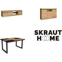 Ensemble de meubles de salon, Table 140 Bicolore pieds u 6 convives, Meuble tv 160, Crédence / Buffet 140, Chêne et Noir, Style Industriel - Skraut