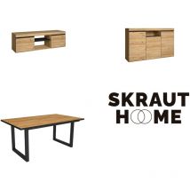 Ensemble de meubles de salon, Table 170 Front Noir pieds u 8 convives, Meuble tv 140, Crédence / Buffet 140, Chêne et Noir, Style Industriel - Skraut