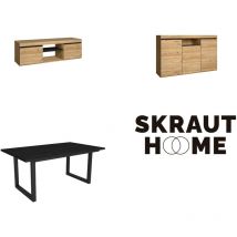 Ensemble de meubles de salon, Table 170 Noire pieds u 8 convives, Meuble tv 140, Crédence / Buffet 140, Chêne et Noir, Style Industriel - Skraut Home