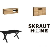 Ensemble de meubles de salon, Table 170 Noire pieds x 8 convives, Meuble tv 120, Crédence / Buffet 140, Chêne et Noir, Style Industriel - Skraut Home