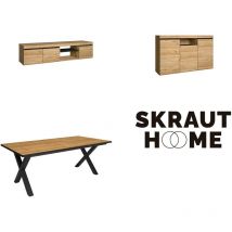 Ensemble de meubles de salon, Table 200 Front Noir pieds x 10 convives, Meuble tv 160, Crédence / Buffet 140, Chêne et Noir, Style Industriel