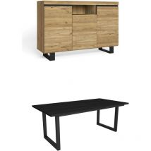 Ensemble de meubles de salon, Table 200 Noire pieds u 10 convives, Crédence / Buffet 140 Tall, Chêne et Noir, Style Industriel - Skraut Home