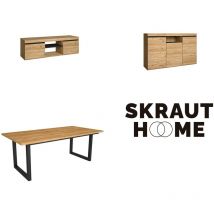 Skraut Home - Ensemble de meubles de salon, Table 200 pieds U 10 convives, Meuble TV 140, Crédence / Buffet 140, Chêne et Noir, Style Industriel