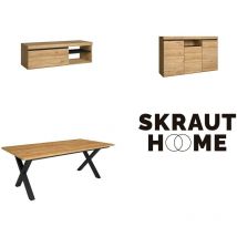 Ensemble de meubles de salon, Table 200 pieds x 10 convives, Meuble tv 120, Crédence / Buffet 140, Chêne et Noir, Style industriel - Skraut Home