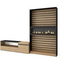 Skraut Home - Ensemble Meuble TV, Meuble Salon Complet, 260x186x35cm, Pour les TV jusqu'à 65", Cheminée électrique, Style moderne, Chêne et noir