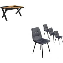 Skraut Home - Esszimmermöbel, Esstische, 140, Eiche und Schwarz, Industrielles Stil, Esstisch, Packung mit 4 Esszimmerstühlen, Gepolsterter Stuhl