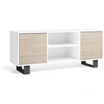 Meuble tv 140 avec 2 portes, salon, Modèle wind, structure couleur Blanc, portes couleur Chêne, mesures 137x40x57cm hauteur. - Skraut Home