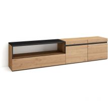 Meuble tv, Banc Télé, Grand espace de Rangement, 200x45x35cm, Pour les tv jusqu'à 80', Meubles de salon, Style moderne, Chêne et noir - Skraut Home