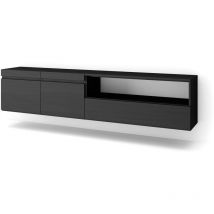 Meuble tv, Banc Télé, Grand espace de Rangement, 200x45x35cm, Pour les tv jusqu'à 80', Suspendu, Mural, Style moderne, Noir - Skraut Home