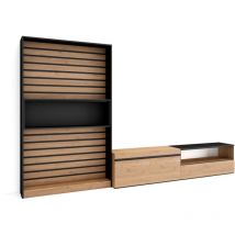 Mobile Soggiorno tv, Parete Attrezzata Soggiorno, 310x186x35cm, Per tv fino a 80', Set di mobili, Stile moderno, Rovere e nero - Skraut Home