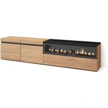 Skraut Home - Mueble tv, Televisión, Muebles de salón, almacenaje, 200x45x35cm, Para tv hasta 80', Chimenea eléctrica, Estilo Moderno, Roble y negro