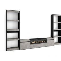 Muebles de Salón para tv, Conjunto de muebles comedor, 320x186x35cm, Para tv hasta 80', Chimenea eléctrica, Estilo Moderno, Gris Cemento - Skraut Home