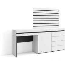 Schminktisch, Frisiertisch mit Stauraum, 177x145x35 cm, mit Schublade, Kommode mit Schubladen, Lamellenwand Holz, Moderner Stil, Weiß - Skraut Home