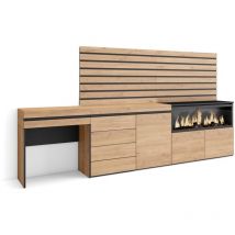 Schminktisch, Frisiertisch mit Stauraum, 284x145x35 cm, mit Schublade, Elektrokamin xxl, Kommode mit Schubladen, Lamellenwand Holz, Moderner Stil,