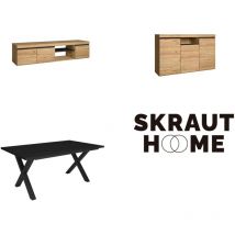 Skraut Home - Set di mobili per il soggiorno, Tavolo 170 Nera piedi x 8 commensali, Mobile tv 160, Madia / Credenza 140, Rovere e nero, Stile