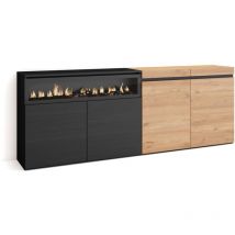 Sideboard, Highboard, Kommode, Komodenschrank, 200x75x35cm, 4 Türen, Elektrokamin. Maße, Moderner Stil, Eiche Schwarz - Skraut Home