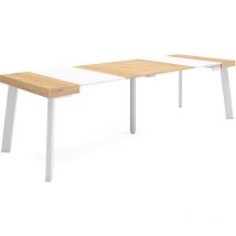 Skraut Home - Table console extensible, Console meuble, 260, Pour 12 personnes, Pieds en bois, Style moderne, Chêne et blanc
