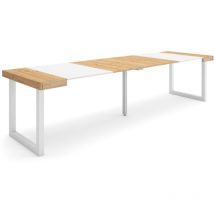 Skraut Home - Table console extensible, Console meuble, 300, Pour 14 personnes, Pieds bois massif, Style moderne, Chêne et blanc